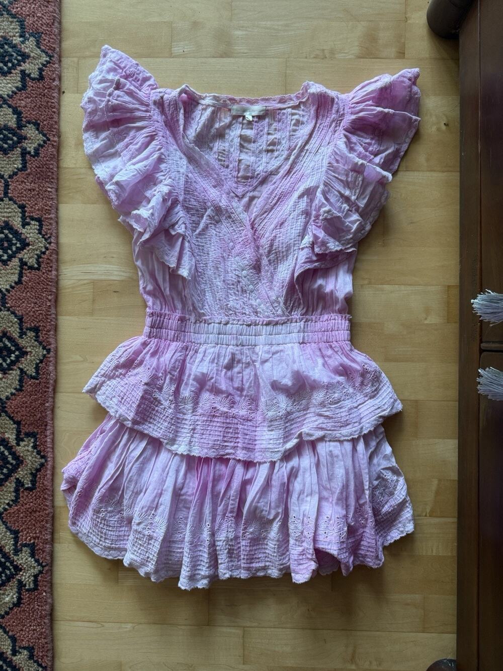LoveShackFancy Gwen Mini Dress Ruffled Tiered Sheer Floral Embroidery Pink XS